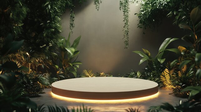 Minimalist circular podium illuminated by warm lighting in a lush green foliage setting with vibrant tropical plants and gentle shadows
