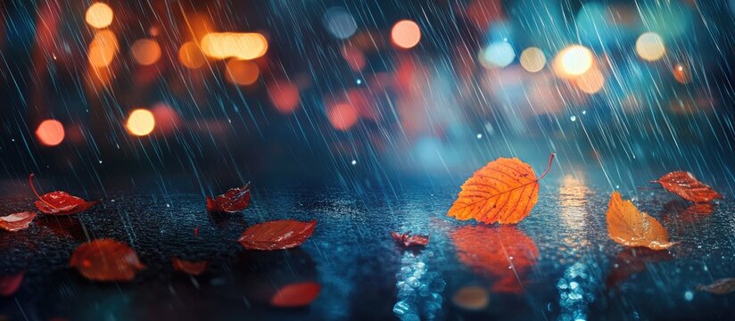 Wet asphalt with fallen leaves and glowing bokeh lights creating a dark moody autumn street scene with space for text