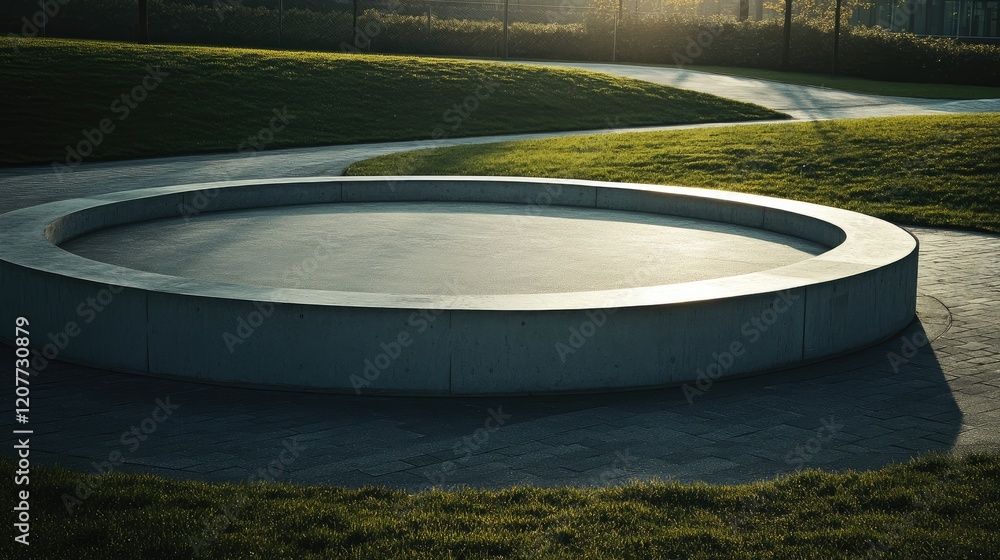 Poster empty circular display board surrounded by green grass at sunset in tranquil roundabout setting for 