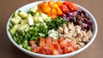 Colorful Mediterranean Tuna Salad with Fresh Vegetables and Feta in a Round Bowl on Wooden Surface