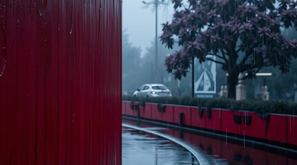 Rainy day scene with red wall, car, and tree.