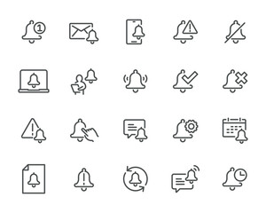 Minimal Notification Icons Bells and Alerts Pack. Includes 20 icons for notifications, warnings, and reminders. Vector based, customizable, and ready for use.