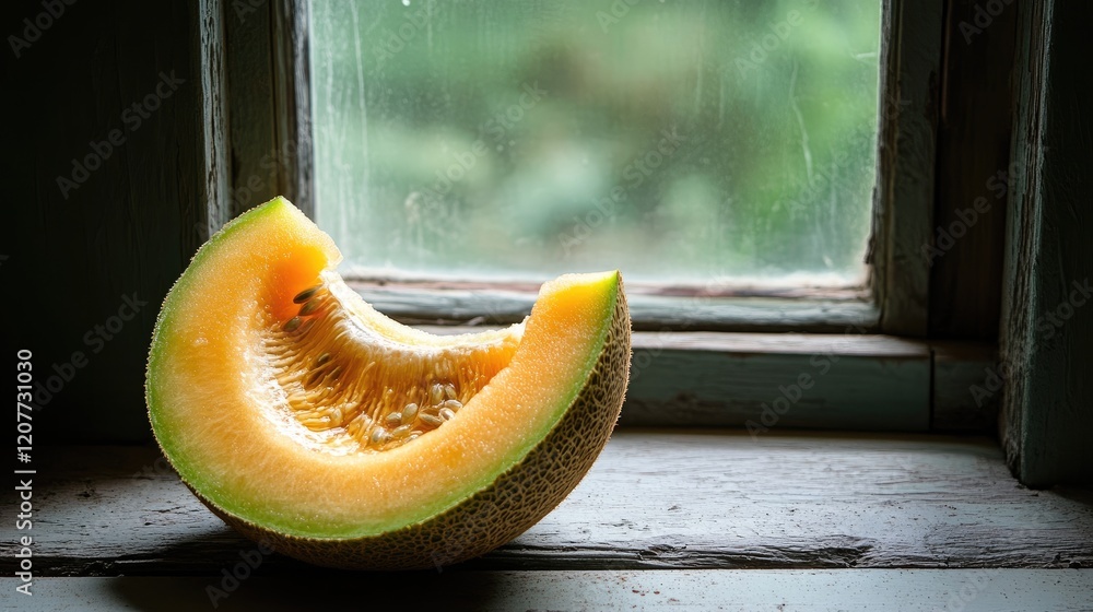 Poster melon slice resting on a windowsill with natural light illuminating its texture and vibrant color ag