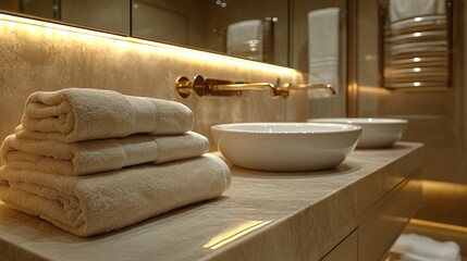 Luxurious Modern Bathroom with Double Sink and Beige Marble Vanity
