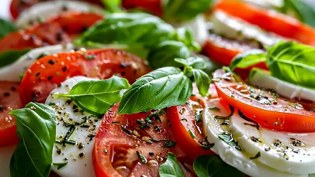 Fresh Caprese salad with tomatoes, mozzarella, basil, and seasoning, ideal for summer cuisine or Italian-themed celebrations