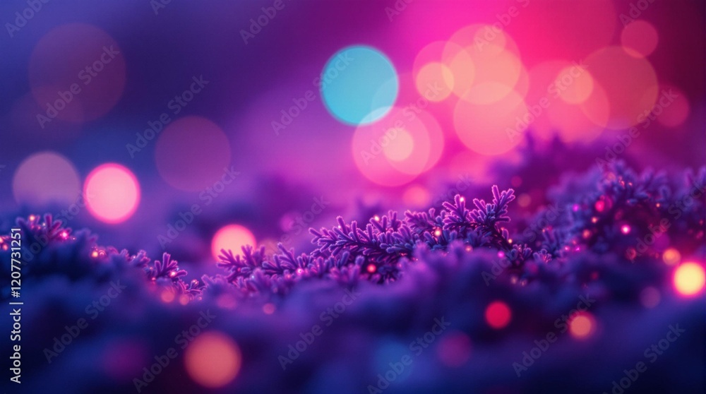 Poster a vibrant abstract composition with a gradient of purple and pink hues, featuring scattered spherical lights in various sizes and colors, creating a bokeh effect. The background exhibits a gradient of