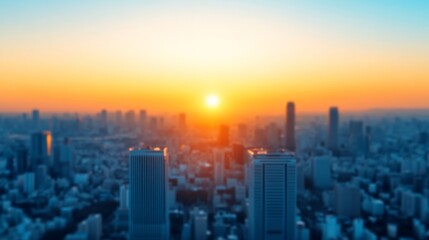 Urban Sunrise: A breathtaking panoramic view of a cityscape silhouetted against a vibrant sunrise, the sun a fiery orb descending towards the horizon, casting a warm glow over the urban landscape.