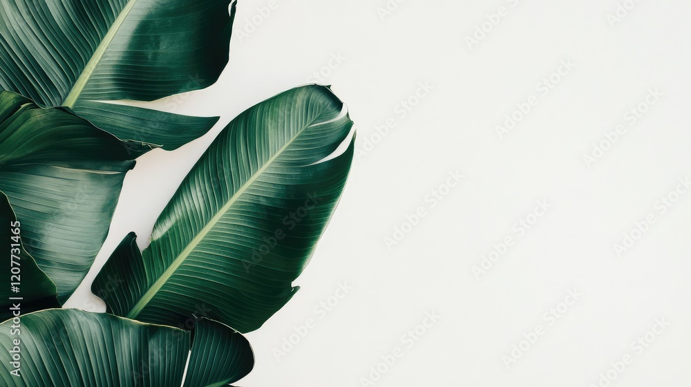 Poster large vibrant green banana leaves arranged on a clean white background with ample negative space for