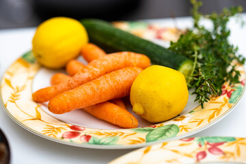 

Fresh Produce Plate,
Carrot, Lemon, and Cucumber,
Ingredients Ready to Cook,