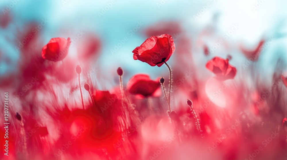 Poster bokeh effect with vibrant red poppy flowers against a soft blue abstract background creating a dream