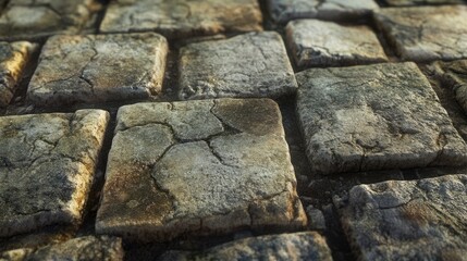 Textured weathered masonry bricks in a cobblestone pavement pattern, showcasing cracks and wear for architectural or design backgrounds.