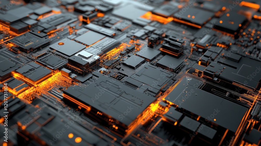 Aufkleber abstract close-up of a futuristic black computer microprocessor chip with glowing orange circuitry o