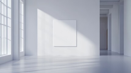 Minimalist interior design featuring a blank white frame mockup in a spacious modern white room with soft natural light illuminating the space.