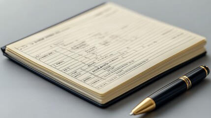 Notebook open on marble table with notes and pen next to it at a cafe during afternoon hours