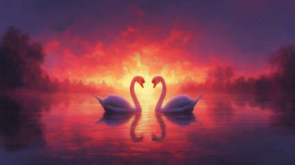 Fototapeta premium Swans in Love at Sunset on a Serene Lake