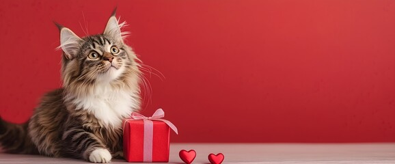 Maine Coon cat with Valentine gifts, horizontal, suitable for pet shop promotions, veterinary services, Valentine's Day campaigns and animal care content