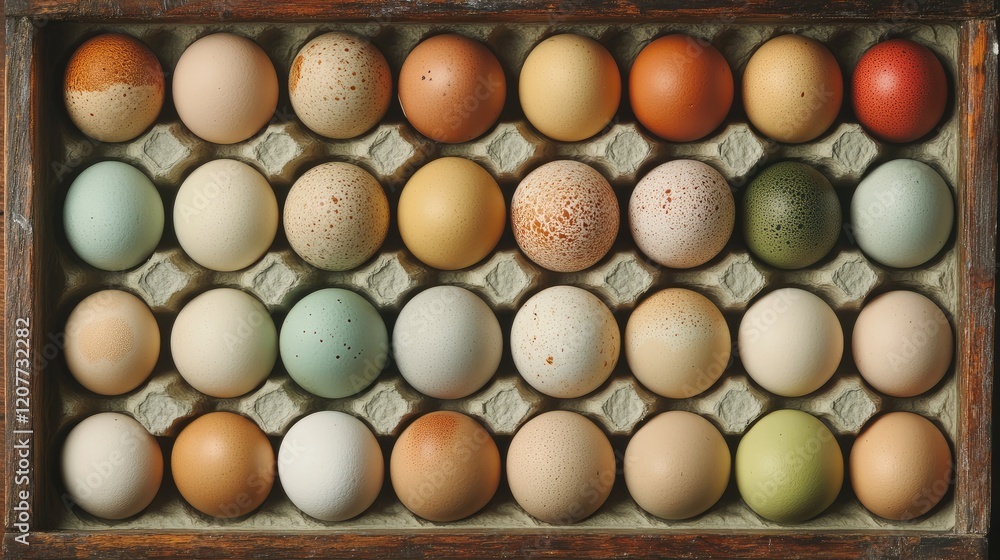 Poster assorted duck eggs in various colors arranged neatly in a carton tray showcasing their unique patter