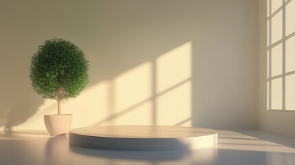 Bright minimalist empty room with natural light showcasing a round wooden platform and lush green topiary in a white pot against soft beige walls.