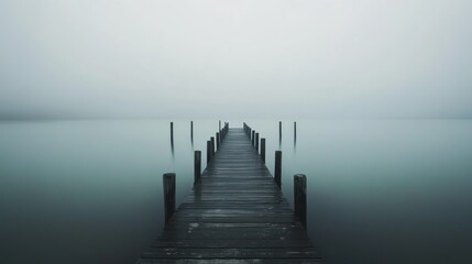 Fototapeta premium Serene Minimalist Dock in Foggy Waters with Long Exposure Effect Creating Dreamlike Atmosphere