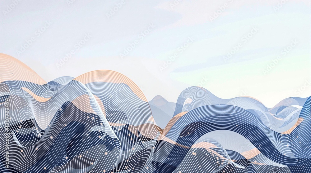 Aufkleber abstract digital artwork featuring a gradient of blue and pink colors, creating a wave-like pattern. The background has a soft, pastel color scheme with a gradient transition from light blue to pink.