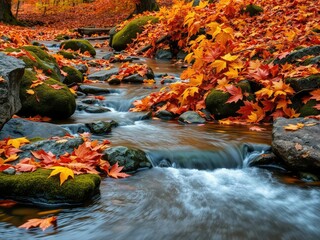 Autumn creek landscape with vibrant fallen leaves, moss-covered rocks, and flowing water, autumn, peaceful