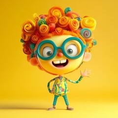 Fototapeta premium Happy Cartoon Character with Colorful Hair and Glasses on Yellow Background