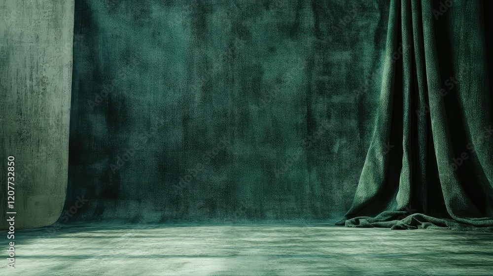 Poster textured dark green textile backdrop with soft drapery and smooth surface in minimalist studio setti