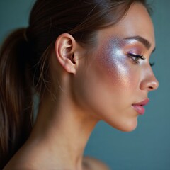 Fototapeta premium Profile of Model Wearing Glitter Makeup Highlighted by Soft Shimmer Lighting