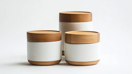 Lidded Storage Containers with Wood Lids on White Background, Featuring Minimalist Design and Soft Color Palette, Ideal for Home Organization