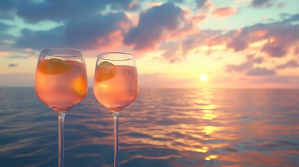 Elegant Cocktails in Glasses with Citrus Garnish Against Stunning Sunset Over Calm Ocean and Colorful Clouds in Background