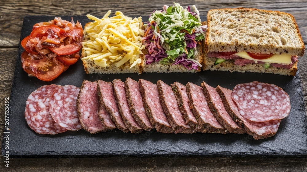 Aufkleber assorted sandwiches with ham salami cheese and fresh vegetables on a rustic slate board with empty s