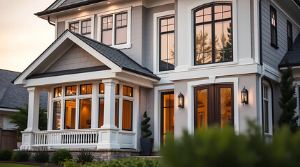 Luxury Home Exterior at Dusk: Modern Architectural Design, Gray Facade, White Trim, and Elegant Landscaping