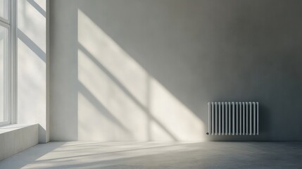 Obraz premium High-Quality Photo of Empty Minimalist Room Featuring Central Heating Radiators and Natural Light Casting Shadows on Light-Colored Walls