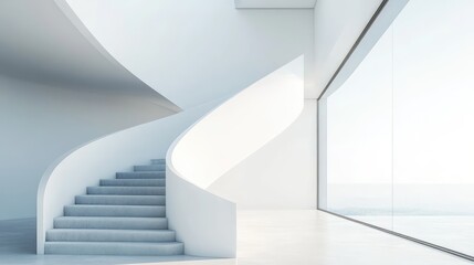 Fototapeta premium Modern Minimalist Interior Featuring Curved White Staircase Against Bright Light Background and Expansive Glass Window ë¶ë¶€ í–‡ë¹›