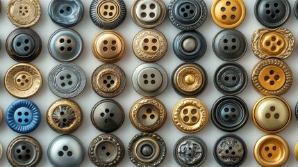 Obraz premium Collection of decorative buttons in various designs and colors laid out on a neutral background