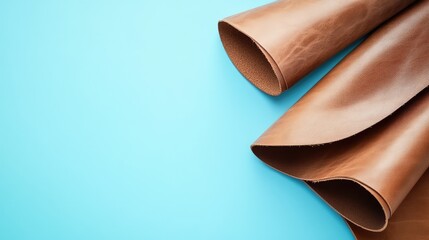 Premium Quality Brown Leather Rolls on Soft Light Blue Background for Fashion and Design Concept