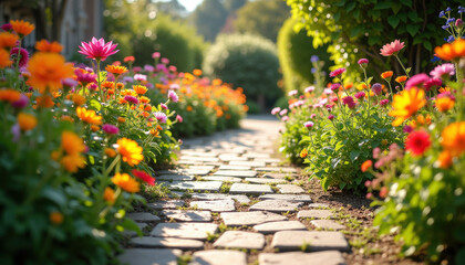 Vibrant Flower Garden with Cobblestone Path