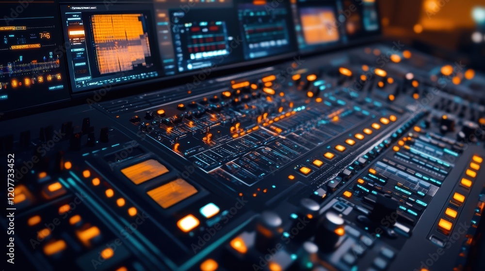 Poster futuristic audio mixing console with illuminated buttons and knobs, featuring a digital display show