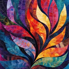 Vibrant autumn leaf quilt, studio, textile art, fabric background