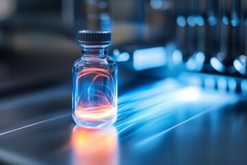 A glowing vial of xenon gas in a laboratory setting, with its characteristic pale blue light emitting softly