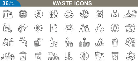 Comprehensive waste management icon set. Vector illustrations of recycling bins, trash sorting, composting, and eco-friendly symbols for environmental awareness designs.