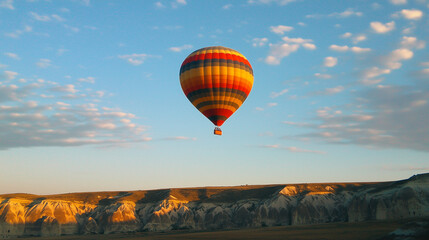 Obraz premium A brightly striped hot air balloon flying in the morning sky over the scenic rocks of Cappadocia