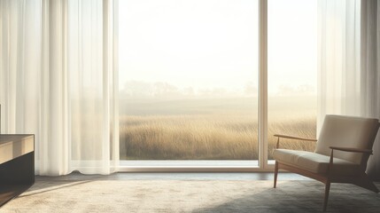 Fototapeta premium Modern minimalist interior design featuring soft neutral tones and expansive windows with a serene meadow view bathed in natural light.