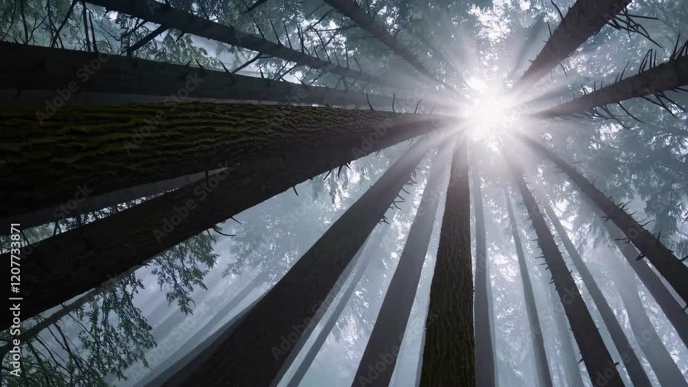 Poster upward view of tall trees in misty forest with sunlight rays, nature serenity and tranquility concep