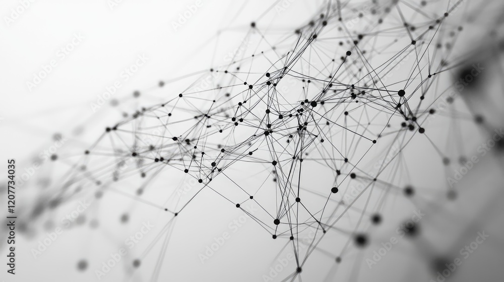 Poster abstract monochrome background featuring interconnected black lines and nodes on a white surface, hi