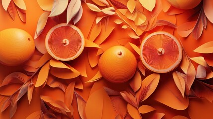 Citrus Symphony: A vibrant still life of whole and halved blood oranges arranged artfully among...