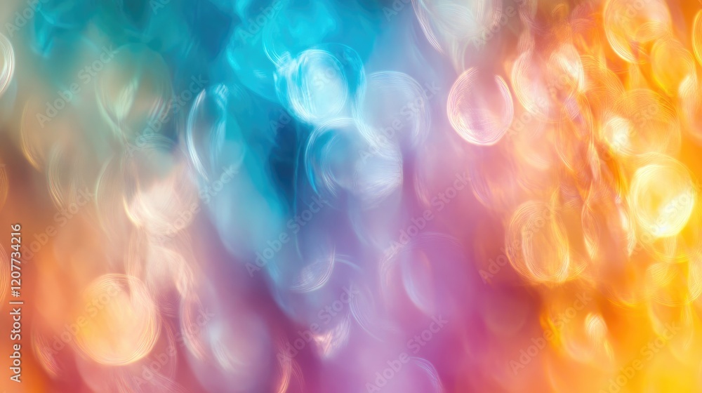 Poster soft bokeh abstract background in vibrant gradient hues of blue, orange, and pink creating a dreamy 