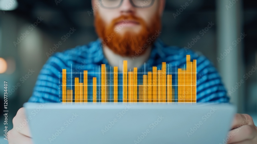 Poster analyzing the data: a focused man with a vibrant ginger beard examines financial data displayed on a