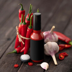 Bottle of red hot sauce with chili peppers, garlic on wooden table. Barbecue sauce. Spicy Food. Harissa. Ketchup. Gochujang, Piri Piri, Sambal Oelek, Chipotle. Adjika. Grilling, marinades. Copy space.