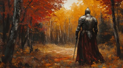 A Lone Knight's Autumnal Journey Through the Forest Path